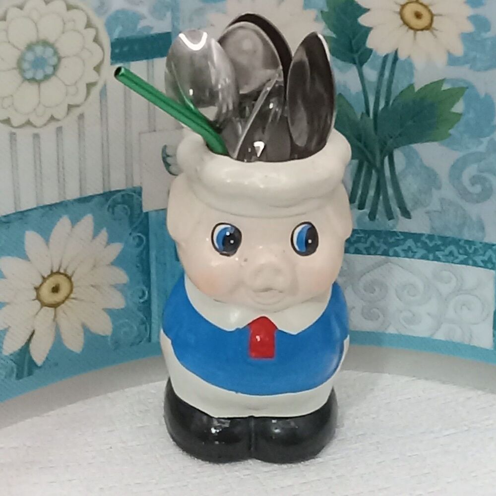 Ceramic Kitchen Pig Utensil Holder 6" Tall Blue Shirt White Hat Vtg 70s Novelty